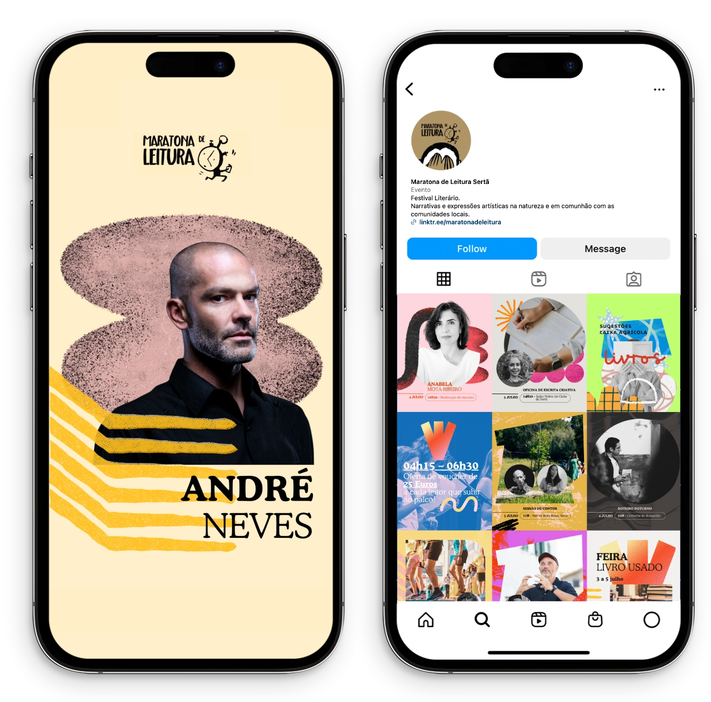 Two mobile mockups: one showing an Instagram feed post and another a Story, illustrating our design strategy for different formats.