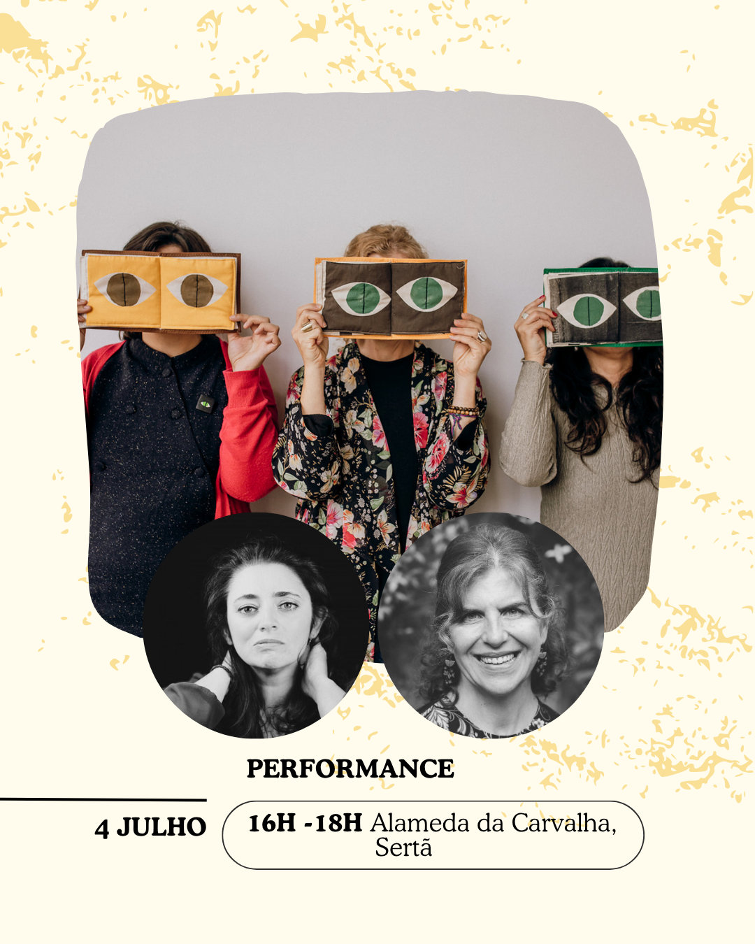 Publication design with artistic performance photography in an editorial frame and portraits of the performers.