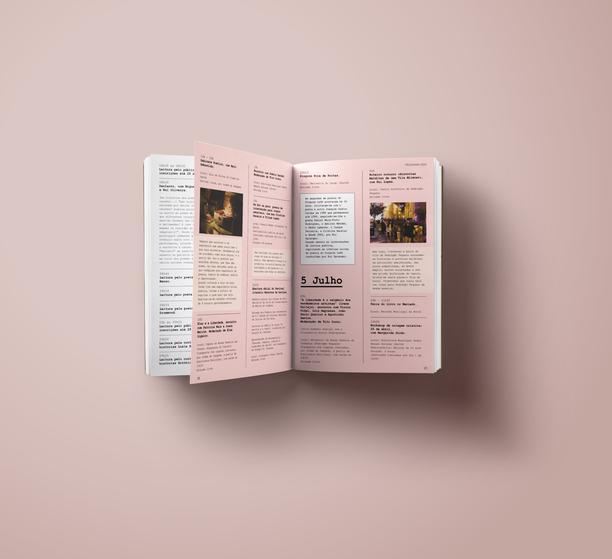 Abertura de guia impresso demonstrando a hierarquia de informação e o equilíbrio entre texto e espaços em branco, garantindo uma leitura fluida e organizada.