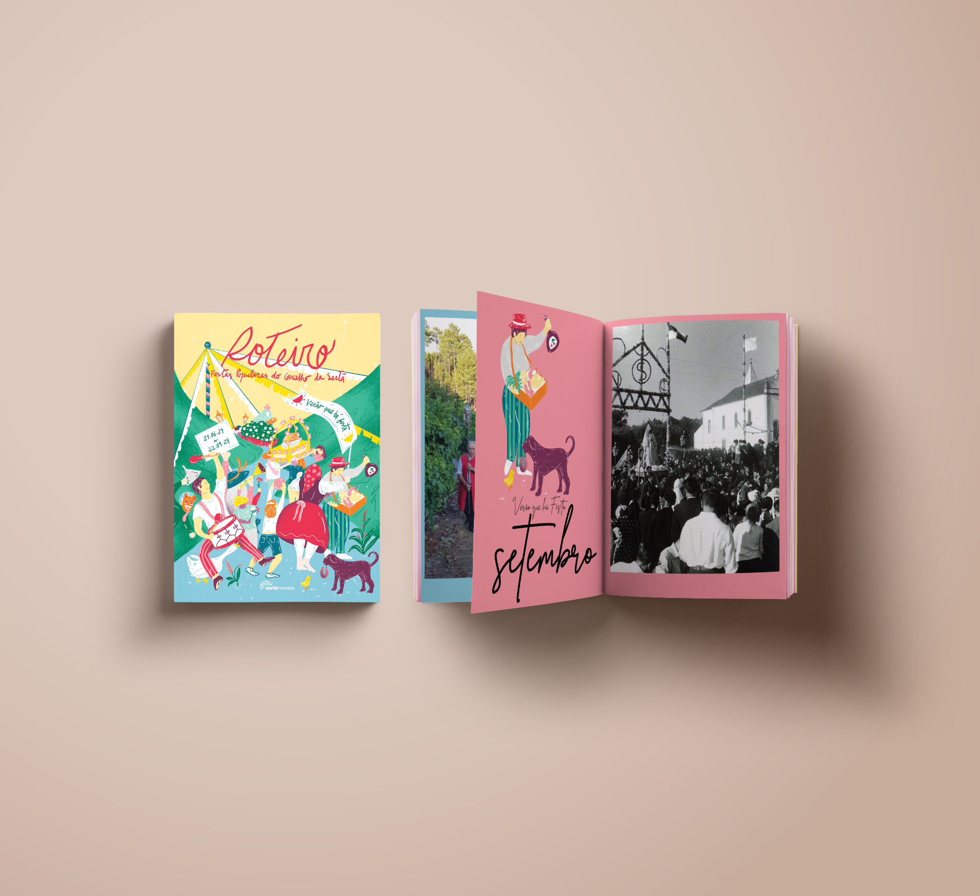 Design de guia impresso aberto em página dupla, evidenciando a unidade gráfica entre a identidade da capa e a estrutura das páginas internas.