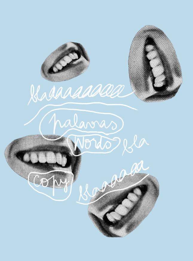 Composição visual de tipografia manuscrita sobre copywriting, ilustrando a sistematização da linguagem e a expressão da escrita.